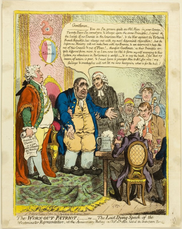 The Worn-out Patriot, published October 13, 1800, James Gillray (English, 1756-1815), published by Hannah Humphrey (English, c. 1745-1818), England, Hand-colored etching on paper, 325 × 245 mm (image), 350 × 250 mm (plate), 365 × 288 mm (sheet)