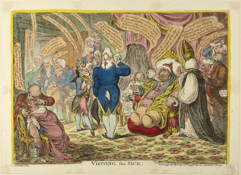Visiting the Sick, published July 28, 1806, James Gillray (English, 1756-1815), published by Hannah Humphrey (English, c. 1745-1818), England, Hand-colored etching, slightly aquatinted on paper, 253 × 352 mm (image), 265 × 363 mm (plate), 287 × 390 mm (sheet)