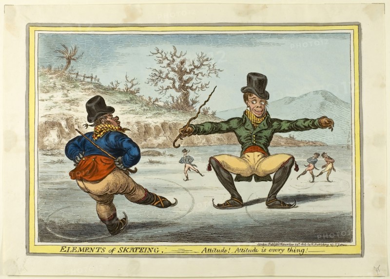 The Elements of Skating: Attitude is Everything, published November 24, 1805, James Gillray (English, 1756-1815), published by Hannah Humphrey (English, c. 1745-1818), England, Hand-colored etching, slightly aquatinted on paper, 240 × 345 mm (image), 250 × 355 mm (plate), 290 × 402 mm (sheet)
