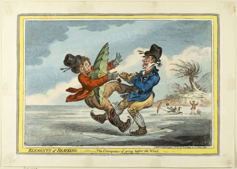 The Elements of Skating: The Consequence of Going Before the Wind, 1805, James Gillray (English, 1756-1815), published by Hannah Humphrey (English, 1745-1818), England, Etching and aquatint in black, with hand-colored additions, on cream wove paper, 230 × 334 mm