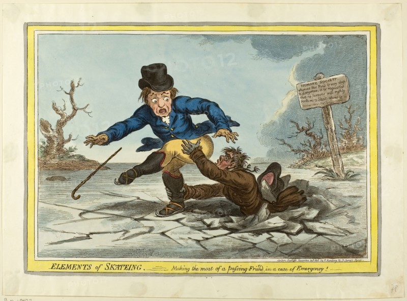 The Elements of Skating: Making the Most of a Passing Friend, published November 24, 1805, James Gillray (English, 1756-1815), published by Hannah Humphrey (English, c. 1745-1818), England, Hand-colored etching, slightly aquatinted on paper, 250 × 354 mm (image), 256 × 360 mm (plate), 296 × 404 mm (sheet)