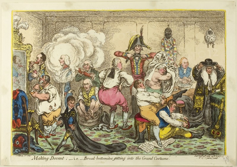 Making Decent, i.e. Broad-Bottomites Getting into the Grand Costume, published February 20, 1806, James Gillray (English, 1756-1815), published by Hannah Humphrey (English, c. 1745-1818), England, Hand-colored etching on cream wove paper, 231 × 342 mm (image), 245 × 350 mm (plate), 275 × 388 mm (sheet)