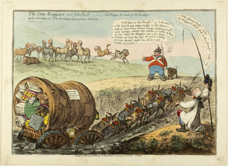 The State Waggoner and John Bull, 1804, James Gillray (British, 1756-1815), published by Hannah Humphrey (English, c. 1745-1818), England, Etching, with hand-coloring, on paper