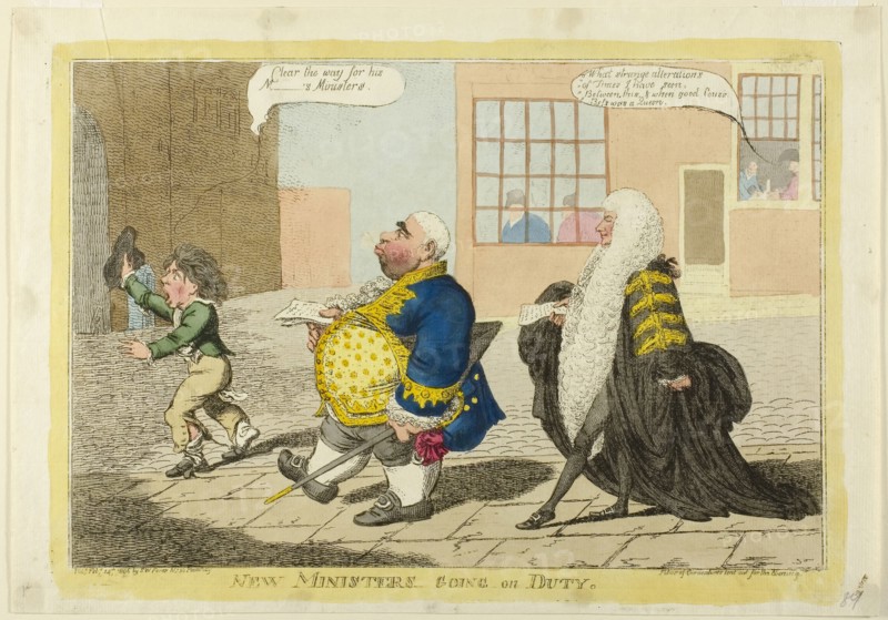 New Ministers Going on Duty, published February 14, 1806, Charles WIlliams (English, active 1797-1830), published by S. W. Fores (English, active 1785-1825), England, Hand-colored etching on ivory laid paper, 335 × 228 mm (image), 245 × 352 mm (plate), 270 × 388 mm (sheet)