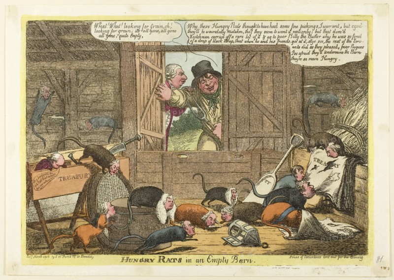 Hungry Rats in an Empty Barn, published March 1806, Charles WIlliams (English, active 1797-1830), published by S. W. Fores (English, active 1785-1825), England, Hand-colored etching on ivory laid paper, ;245 × 342 mm (image) 250 × 352 mm (plate), 273 × 383 mm (sheet)