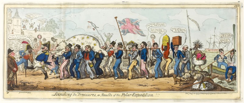 Landing the Treasures, published January 18, 1819, George Cruikshank (English, 1792-1878), after Captain Frederick Marryat (English, 1792-1848), published by George Humphrey (English, c. 1773-1831), England, Hand-colored etching on paper, 200 × 530 mm (image), 228 × 553 mm (sheet cut to plate)