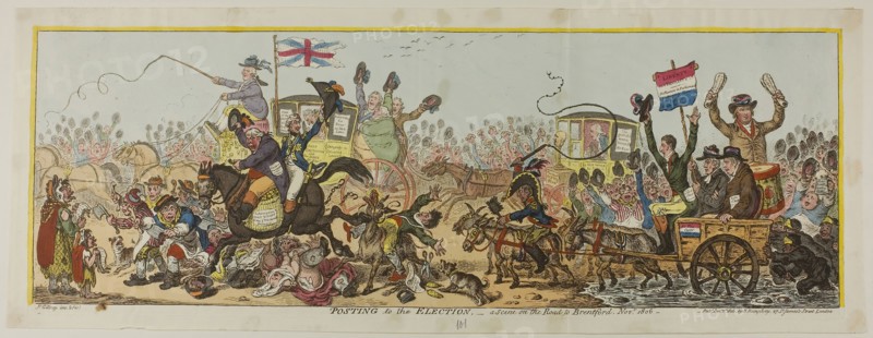 Posting to the Election, published December 1, 1806, James Gillray (English, 1756-1815), published by Hannah Humphrey (English, c. 1745-1818), England, Hand-colored etching on paper, 210 × 610 mm (image), 220 × 620 mm (plate), 243 × 650 mm (sheet)