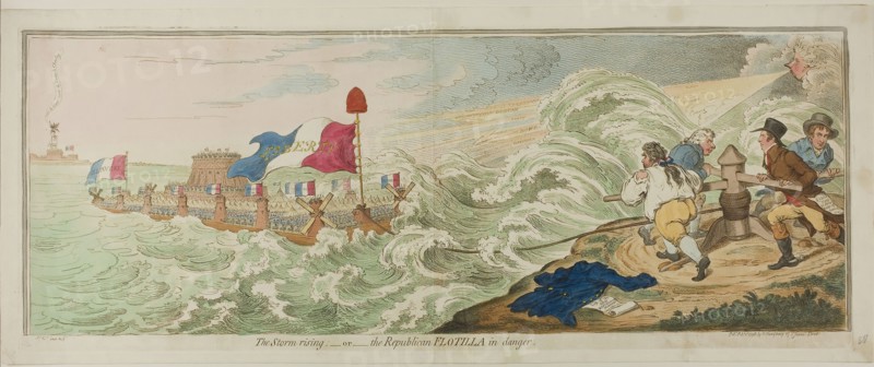 The Storm Rising, publilshed February 1, 1798, James Gillray (English, 1756-1815), published by Hannah Humphrey (English, c. 1745-1818), England, Hand-colored etching on paper, 249 × 668 mm (image), 265 × 675 mm (plate), 290 × 705 mm (sheet)