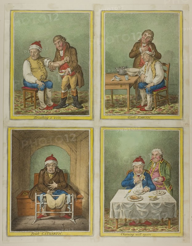 Breathing a Vein, published January 28, 1804, James Gillray (English, 1756-1815), published by Hannah Humphrey (English, c. 1745-1818), England, Hand-colored etching on paper, 225 × 195 mm (image), 262 × 205 mm (plate), 275 × 225 mm (sheet)