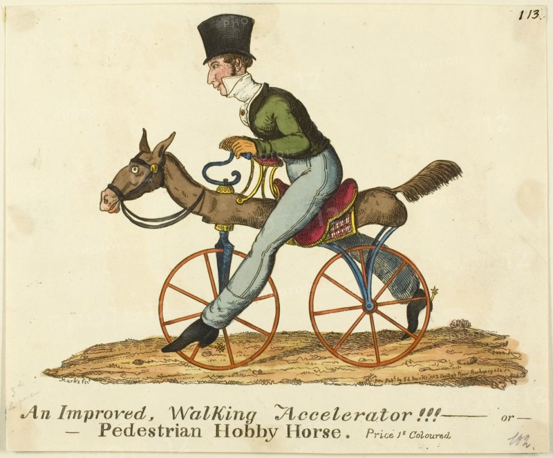 Pedestrian Hobby Horse, n.d., J. Lewis Marks, English, 1769-c. 1832, England, Hand-colored etching on cream wove paper, 194 × 242 mm