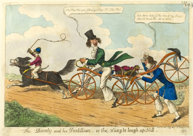 The Dandy and His Postillion — or the Waay to Laugh Up Hill, 1819, Attributed to William Heath (English, 1794-1840), published by Thomas Tegg (English, 1776-1845), England, Hand-colored etching on ivory wove paper, 226 × 321 mm (image), 234 × 333 mm (sheet, trimmed within platemark)