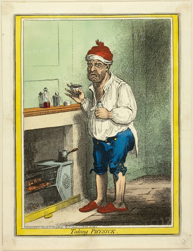 Taking Physick, published February 6, 1800, James Gillray (English, 1756-1815), published by Hannah Humphrey (English, c. 1745-1818), England, Hand-colored etching on paper, 260 × 199 mm (plate), 288 × 222 mm (sheet)