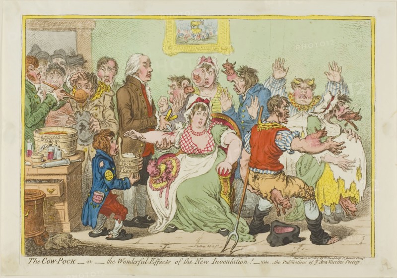 The Cow-Pock- or- The Wonderful Effects of the New Innoculation!, June 12, 1802, James Gillray (English, 1756-1815), published by Hannah Humphrey (English, c. 1745-1818), England, Etching with hand-coloring on cream wove paper, 234 × 338 mm (image), 252 × 347 mm (plate), 270 × 387 mm (sheet)