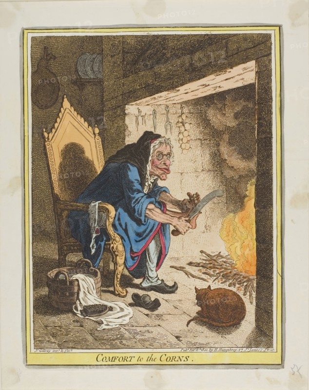 Comfort to the Corns, published February 6, 1800, James Gillray (English, 1756-1815), published by Hannah Humphrey (English, c. 1745-1818), England, Hand-colored etching on ivory wove paper, 262 × 201 mm (image), 260 × 198 mm (plate), 295 × 234 mm (sheet)