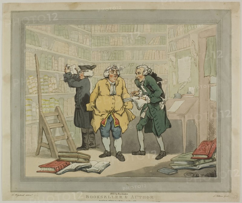 Bookseller and Author, published September 25, 1784, Thomas Rowlandson (English, 1756-1827), after Henry Wigstead (English, c. 1745-1800), published by S.W. Fores (English, 1761-1838), England, Hand-colored etching and acquaint on ivory wove paper, 305 × 370 mm (image), 332 × 395 mm (sheet, trimmed to platemark)