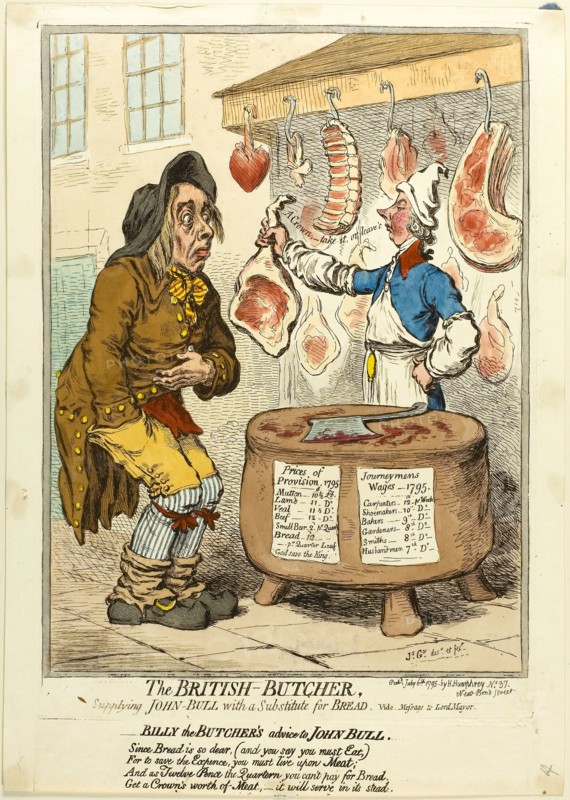 The British Butcher, Supplying John Bull with a Substitute for Bread, published July 6, 1795, James Gillray (English, 1756-1815), published by Hannah Humphrey (English, c. 1745-1818), England, Etching in dark brown, with handcoloring, and second plate with additional etched inscriptions in brown ink, below, on cream wove paper, 326 × 244 mm (image), 348 × 249 mm (top plate), 36 × 247 mm (bottom plate), 394 × 280 mm (sheet)