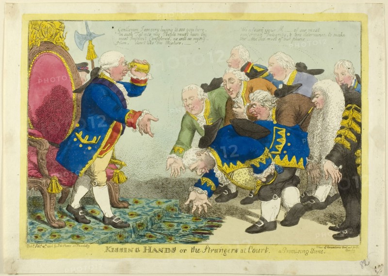 Kissing Hands, published February 10, 1806, Charles WIlliams (English, active 1797-1830), published by S. W. Fores (English, active 1785-1825), England, Hand-colored etching on ivory laid paper, 225 × 343 mm (image), 246 × 341 mm (plate), 272 × 383 mm (sheet)