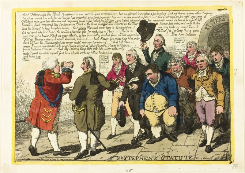 St. Stephen’s Statute, published February 6, 1806, Charles WIlliams (English, active 1797-1830), published by S. W. Fores (English, active 1785-1825), England, Hand-colored etching on ivory laid paper, 272 × 384 mm