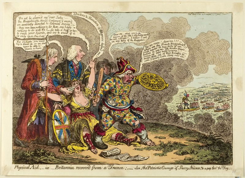 Physical Aid, or Britannia Recover’d from a Trance!, published March 14, 1803, James Gillray (English, 1756-1815), published by Hannah Humphrey (English, c. 1745-1818), England, Hand-colored etching on paper, 250 × 359 mm (image), 262 × 362 mm (plate), 284 × 391 mm (sheet)
