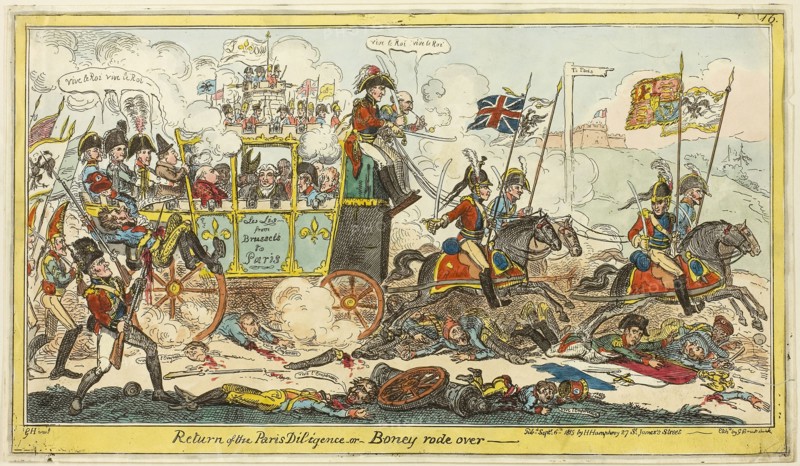 Return of the Paris Diligence, published September 6, 1815, George Cruikshank (English, 1792-1878), after George Humphrey (English, 1773-1831), published by Hannah Humphrey (English, c. 1745-1818), England, 1815, 231 × 407 mm (image), 238 × 414 mm (plate), 241 × 417 mm (sheet)