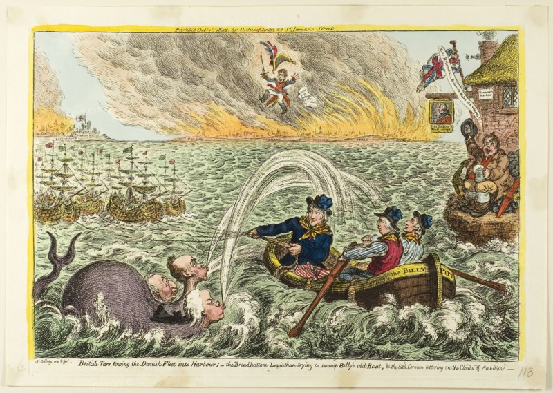British Tars, Towing the Danish Fleet into Harbour, published October 1, 1807, James Gillray (English, 1756-1815), published by Hannah Humphrey (English, c. 1745-1818), England, Hand-colored etching on paper, 230 × 340 mm (image), 248 × 350 mm (plate), 270 × 380 mm (sheet)