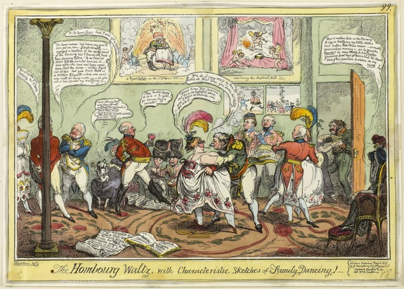 The Hombourg Waltz, with Characteristic Sketches of Family Dancing!, published May 4, 1818, George Cruikshank (English, 1792-1878), published by George Humphrey (English, c. 1773-1831), England, Hand-colored etching on paper, 245 × 350 mm (image), 250 × 353 mm (plate), 254 × 358 mm (sheet)
