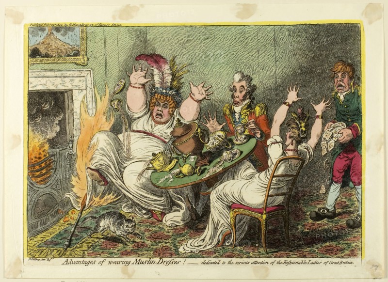 Advantages of Wearing Muslin Dresses!, published February 15, 1802, James Gillray (English, 1756-1815), published by Hannah Humphrey (English, c. 1745-1818), England, Hand-colored etching on paper, 241 × 347 mm (image), 255 × 355 mm (plate), 285 × 395 mm (sheet)