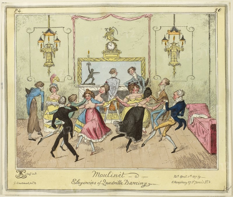 Moulinet-Elegances of Quadrille Dancing, published April 11, 1817, George Cruikshank (English, 1792-1878), published by Hannah Humphrey (English, c. 1745-1818), England, Hand-colored etching on paper, 205 × 245 mm (image), 210 × 250 mm (plate), 216 × 255 mm (sheet)