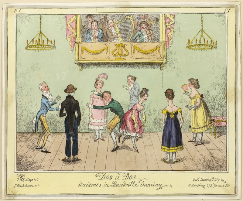 Dos-a-dos, Accidents in Quadrille Dancing, published March 4, 1817, George Cruikshank (English, 1792-1878), published by Hannah Humphrey (English, c. 1745-1818), England, Hand-colored etching on paper, 205 × 250 mm (image), 210 × 255 mm (plate), 215 × 260 mm (sheet)