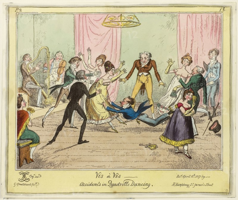 Vis a Vis, Accidents in Quadrille Dancing, published April 15, 1817, George Cruikshank (English, 1792-1878), published by Hannah Humphrey (English, c. 1745-1818), England, Hand-colored etching on paper, 205 × 245 mm (image), 212 × 250 mm (plate), 216 × 257 mm (sheet)