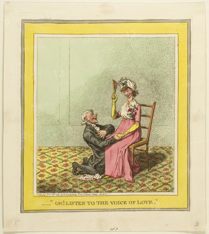 Oh! Listen to the Voice of Love, published November 14, 1799, James Gillray (English, 1756-1815), published by Hannah Humphrey (English, c. 1745-1818), England, Hand-colored etching on paper, 185 × 210 mm (image), 200 × 250 mm (plate), 230 × 260 mm (sheet)