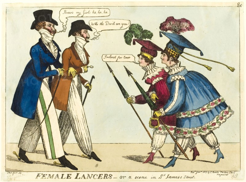 Female Lancers, or A Scene in St. James’s Street, published January, 1819, Isaac Robert Cruikshank (English, 1789-1856), published by E. Brooks (English, 1830-1817), England, Hand-colored etching on paper, 221 × 314 mm (image), 240 × 325 mm (sheet cut within plate mark)