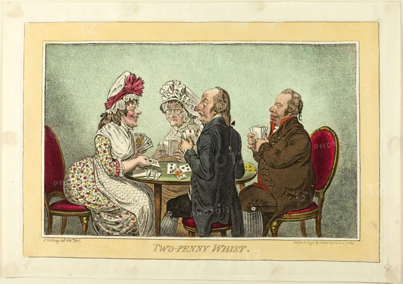 Two-Penny Whist, published January 11, 1796, James Gillray (English, 1756-1815), published by Hannah Humphrey (English, c. 1745-1818), England, Etching in dark brown, with handcoloring, on cream wove paper, 231 × 334 mm (image), 247 × 350 mm (plate), 270 × 384 mm (sheet)