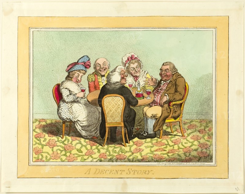 A Decent Story, published November 9, 1795, James Gillray (English, 1756-1815), published by Hannah Humphrey (English, c. 1745-1818), England, Etching in dark brown, with handcoloring, on cream wove paper, 227 × 295 mm (image), 248 × 339 mm (plate), 267 × 339 mm (sheet)