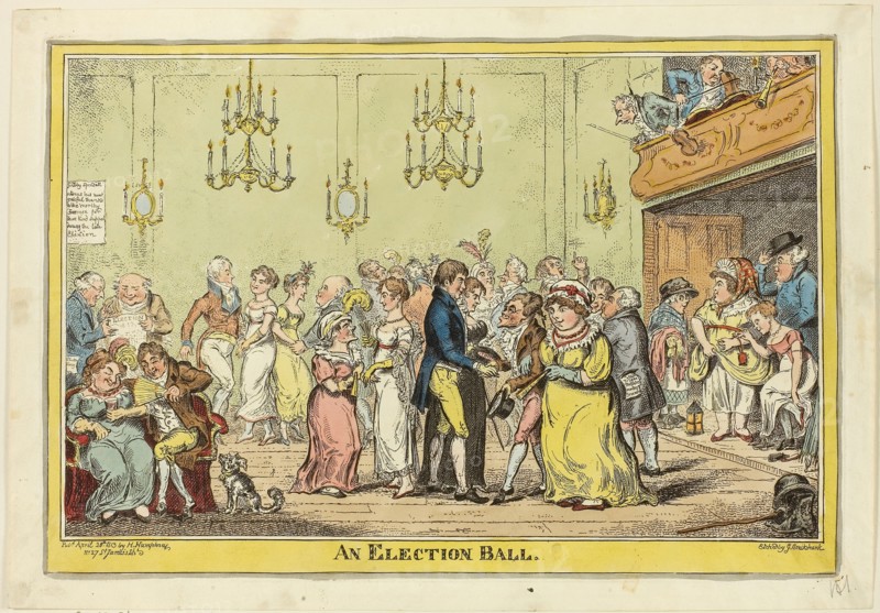 An Election Ball, published April 28, 1813, George Cruikshank (English, 1792-1878), published by Hannah Humphrey (English, c. 1745-1818), England, Hand-colored etching on paper, 258 × 381 mm (image), 265 × 388 mm (plate), 292 × 418 mm (sheet)