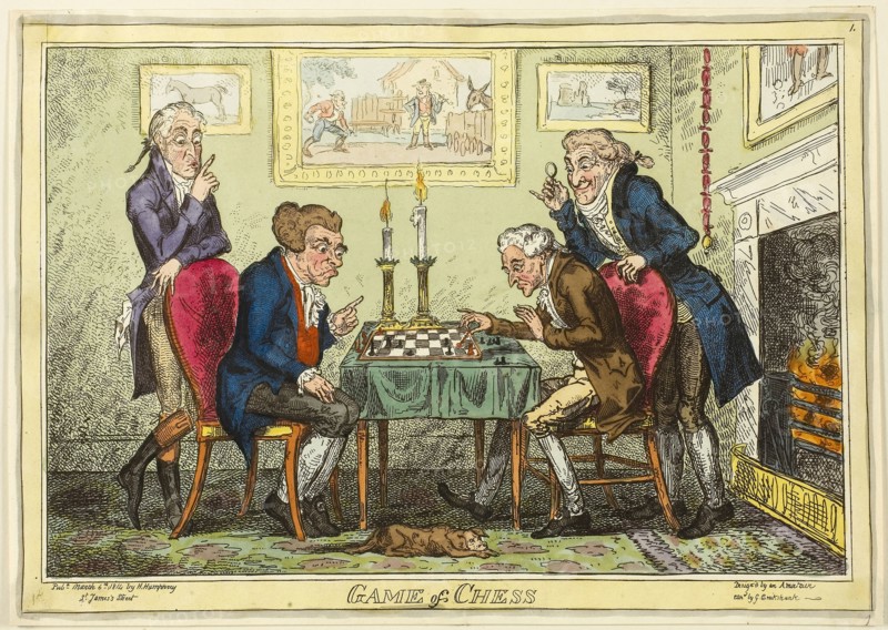Game of Chess, published March 6, 1814, George Cruikshank (English, 1792-1878), after Captain Frederick Marryat (English, 1792-1848), published by Hannah Humphrey (English, c. 1745-1818), England, Hand-colored etching on paper, 238 × 345 mm (image), 250 × 352 mm (sheet cut to plate mark)
