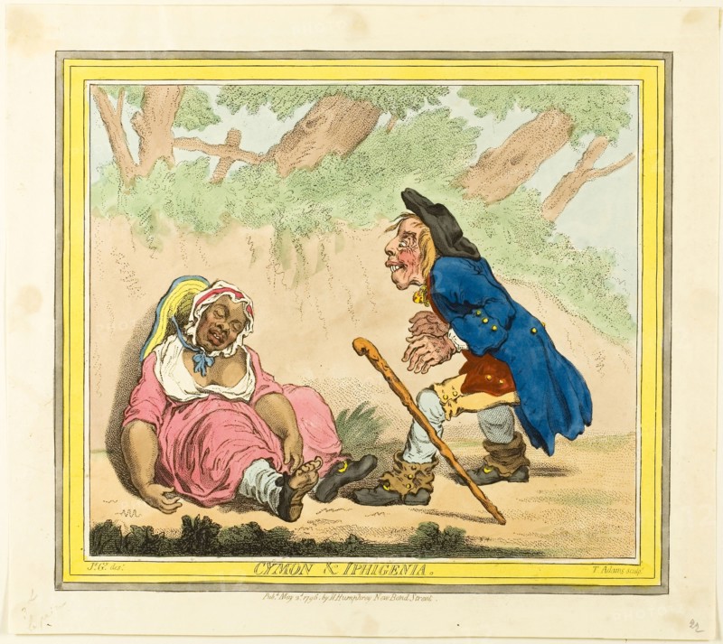 Cymon and Iphigenia, published May 2, 1796, James Gillray (English, 1756-1815), published by Hannah Humphrey (English, c. 1745-1818), England, Etching in dark brown, with handcoloring and stipling, on cream wove paper, 241 × 275 mm (image), 253 × 318 mm (plate), 281 × 318 mm (sheet)