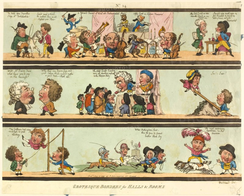 Grotesque Borders for Halls & Rooms, published July 21, 1799, Thomas Rowlandson (English, 1756-1827), after George Moutard Woodward (English, c. 1760- 1809), published by Rudolph Ackermann (English, born Germany, 1764-1834), England, Etching in black, with hand-colored additions, on cream wove paper, 365 × 450 mm