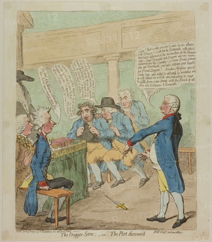 The Dagger Scene, published December 30, 1792, James Gillray (English, 1756-1815), published by Hannah Humphrey (English, c. 1745-1818), England, Hand-colored etching on paper, 350 × 288 mm (image), 370 × 300 mm (plate), 380 × 330 mm (sheet)