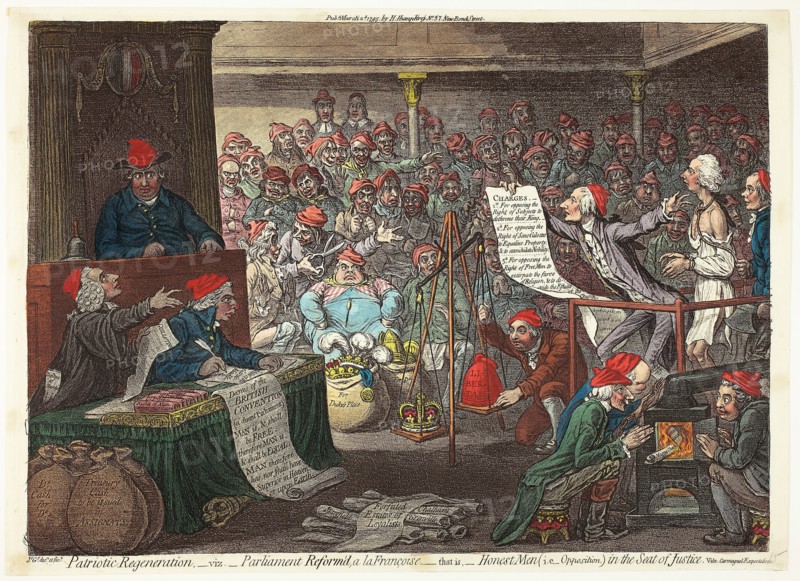 Patriotic Regeneration, -viz., Parliament Reform’d, a la Françoise…, published March 2, 1795, James Gillray (English, 1756-1815), published by Hannah Humphrey (English, c. 1745-1818), England, Hand-colored etching and aquatint on paper, 295 × 410 mm (image), 310 × 425 mm (plate), 315 × 435 mm (sheet)
