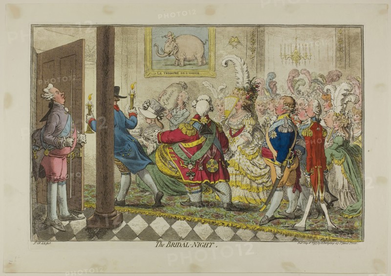 The Bridal Night, published May 18, 1797, James Gillray (English, 1756-1815), published by Hannah Humphrey (English, c. 1745-1818), England, Etching in dark brown, with handcoloring, on cream wove paper, 292 × 449 mm (image), 305 × 454 mm (plate), 361 × 517 mm (sheet)