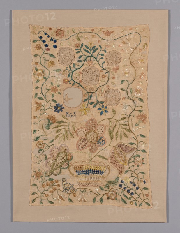 Sampler, 1795, United States, Pennsylvania, Philadelphia, Pennsylvania, Linen, plain weave, cutwork embroidered with linen in needle lace filling stitches, cut and drawn work embroidered with silk and linen in buttonhole, cross, darning and single satin stitches, and embroidered with silk in buttonhole, chain and satin stitches, 42 x 28.4 cm (16 1/2 x 11 1/2 in.)
