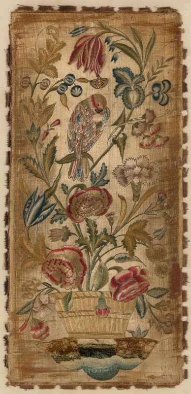 Panel (For a Sconce), 18th century, England, Silk, satin weave, embroidered with colored silk floss in long, short and satin stitches, darned pile, 45.7 × 21.8 cm (18 × 8 5/8 in.)