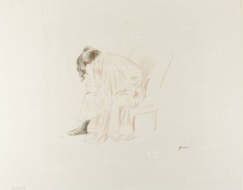Seated Woman, Head in Right Hand, 1897, Jean Louis Forain, French, 1852-1931, France, Lithograph in sanguine and black on ivory wove paper, 390 × 490 mm