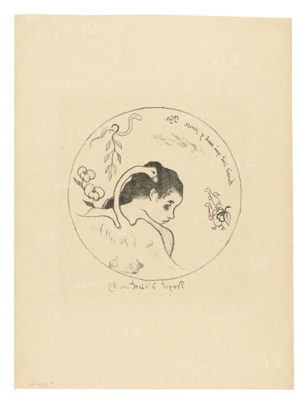 Projet d’assiette (Leda) (Design for a Plate [Leda]), frontispiece from the Volpini Suite, 1889, printed after 1911, Paul Gauguin (French, 1848-1903), published by Ambroise Vollard (French, 1867-1939), France, Zincograph in black on ivory wove paper (imitation Japanese vellum), 217 × 205 mm (image), 441 × 331 mm (sheet)