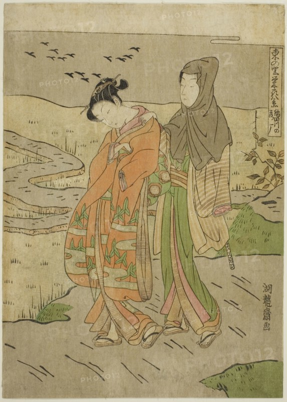 Geese Descending on the Sumida River (Sumidagawa no rakugan), from the series Eight Views of Prosperity in the Eastern Village (Azuma no sato eiga hakkei), c. 1770/72, Isoda Koryusai, Japanese, 1735-1790, Japan, Color woodblock print, chuban, 10 3/8 x 7 1/4 in.