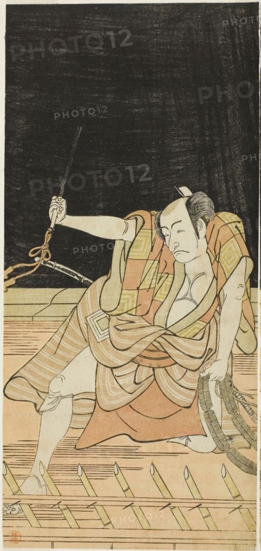 The Actor Ichikawa Danjuro V as Issun Tokubei in Act Eight of the Play Natsu Matsuri Naniwa Kagami (Mirror of Osaka in the Summer Festival), Performed at the Morita Theater from the Seventeenth Day of the Seventh Month, 1779, c. 1779, Katsukawa Shunko I, Japanese, 1743-1812, Japan, Color woodblock print, left sheet of hosoban diptych (right: 1942.113), 31.4 x 14.5 cm (12 3/8 x 5 11/16 in.)