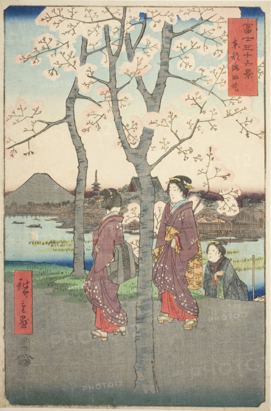 The Sumida Embankment in the Eastern Capital (Toto Sumida zutsumi), from the series Thirty-six Views of Mount Fuji (Fuji sanjurokkei), 1858, Utagawa Hiroshige ?? ??, Japanese, 1797-1858, Japan, Color woodblock print, oban, 34.5 x 22.9 cm (13 9/16 x 9 in.)