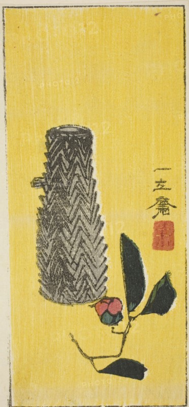 Camellia and basket, section of an untitled harimaze sheet, c. 1850s, Utagawa Hiroshige ?? ??, Japanese, 1797-1858, Japan, Color woodblock print, section of harimaze sheet, 17.1 x 8 cm