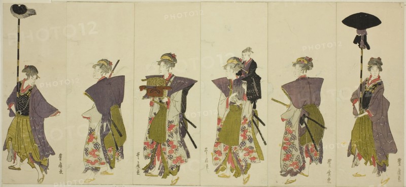 Parody of a daimyo procession, c. 1805/07, Utagawa Toyohiro, Japanese, 1773-1828, Japan, Color woodblock prints, 6 of 12 sheets (see 1928.391-396), Overall (twelve sheets) 9 1/4 x 40 1/2 in.
